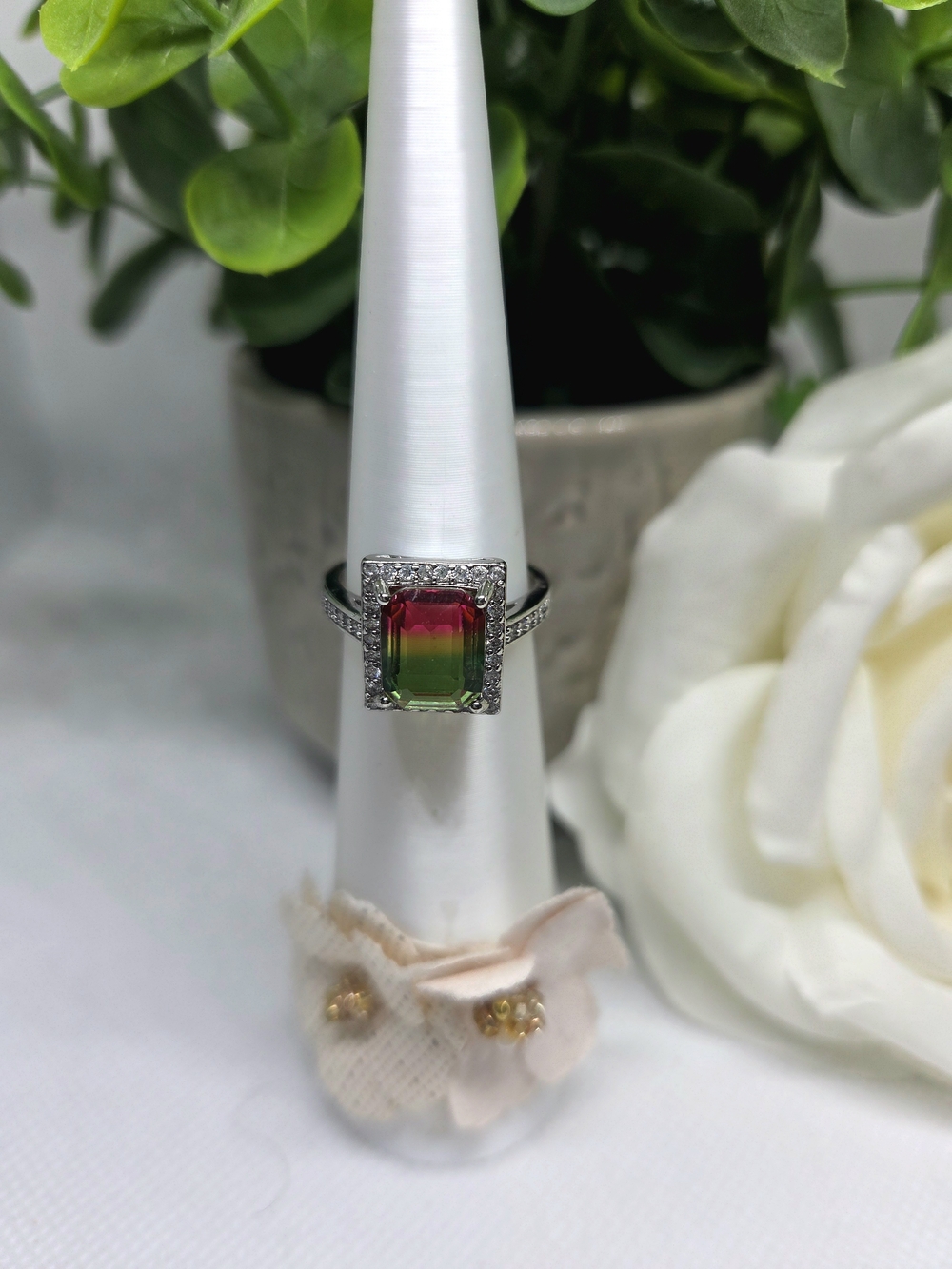 Sterling Silver Watermelon Tourmaline Halo Ring